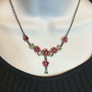 Floral Painted Necklace with Pink and Green Accents